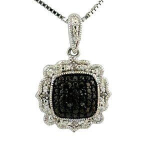 Beautiful  Black and White Diamond Cluster Pendant with Sterling Chain